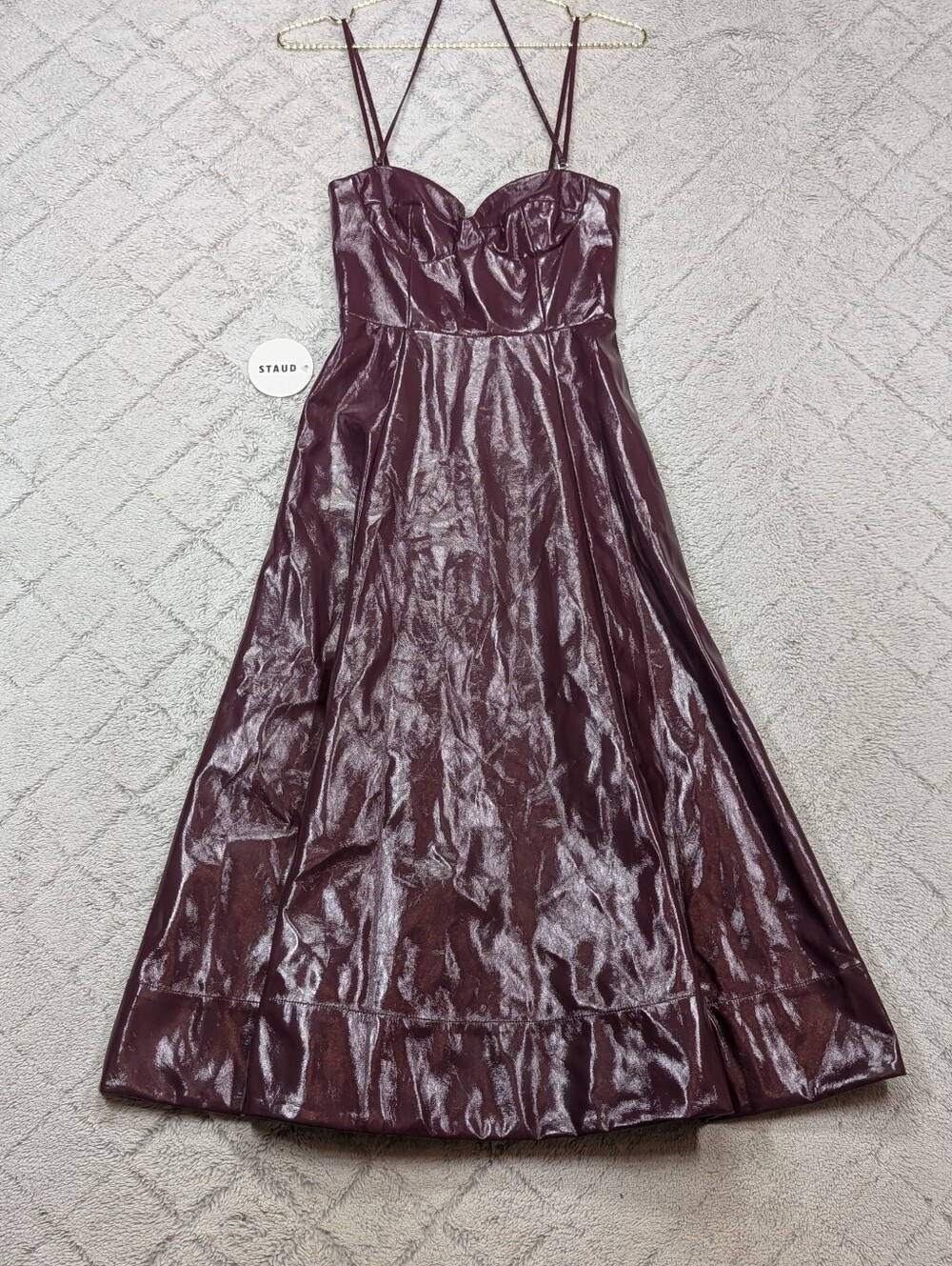 Staud Dress Womens 0 Purple Plum Abstract Faux Leather Midi Strappy Fit Flare